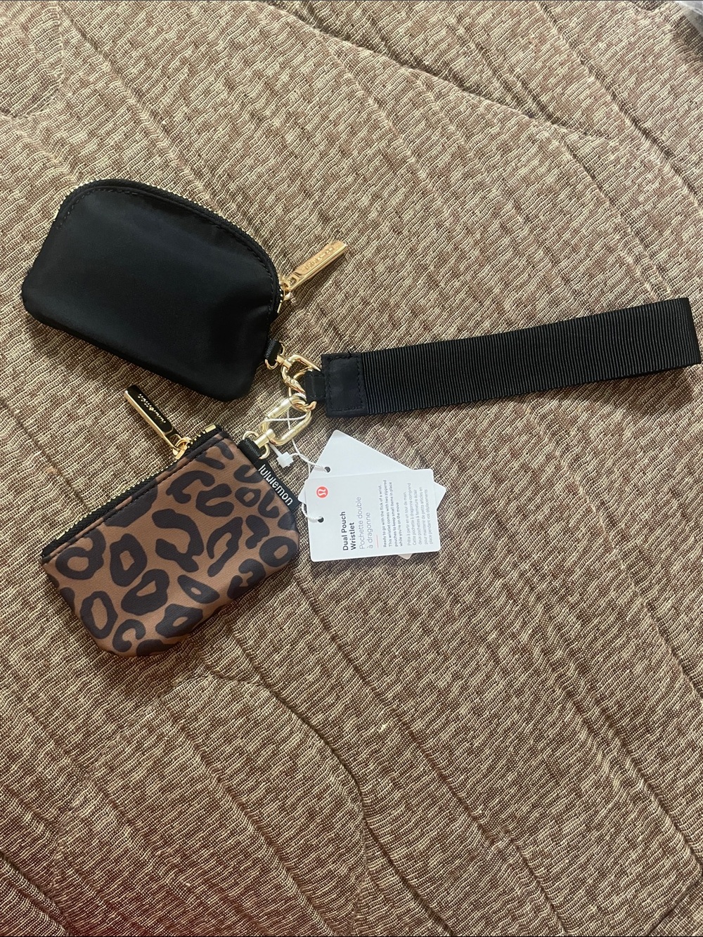 Lululemon Leopard Print and Black Wristlet Key & Card Holder Set